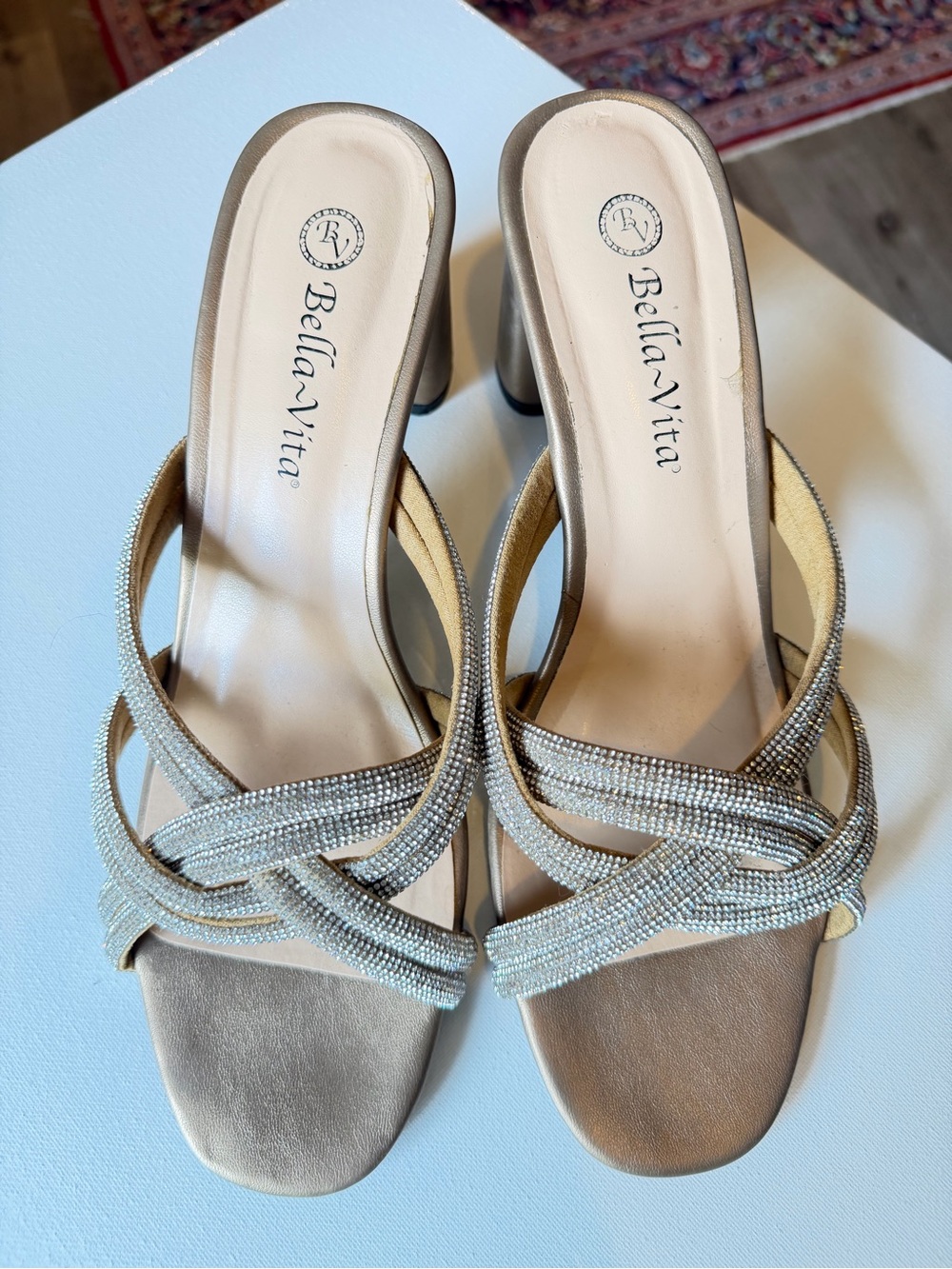 Bella Vita Taupe Metallic Beaded Heeled Slides. Size 91/2 W